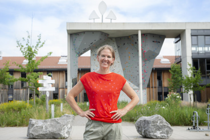 VAUDE CEO Antje von Dewitz in front of the company headquarters in Tettnang, Germany